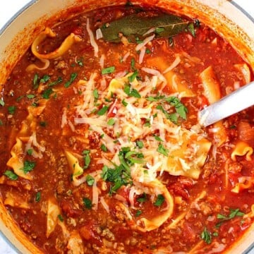 Lasagna soup in Dutch oven.