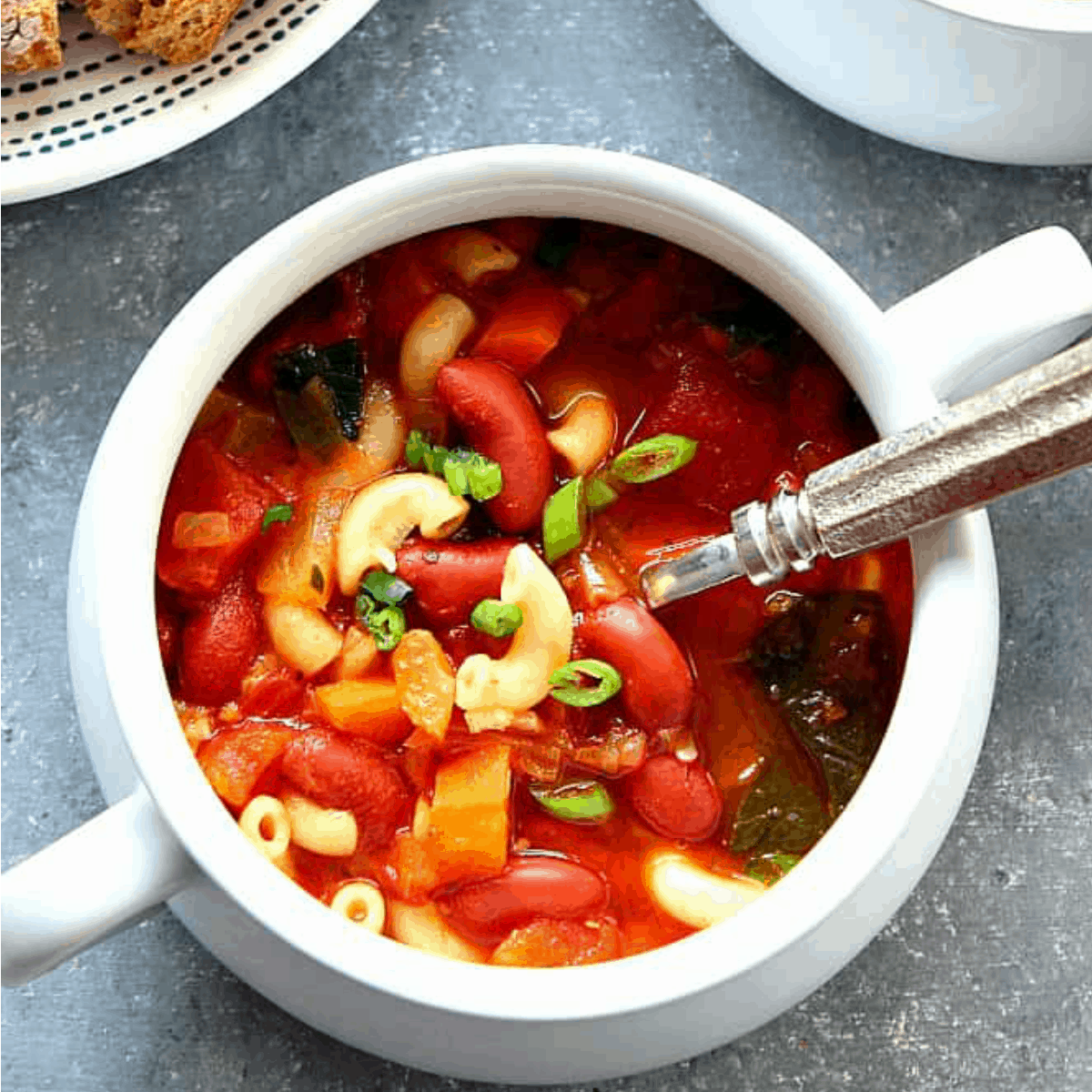 Minestrone soup in a bowl.