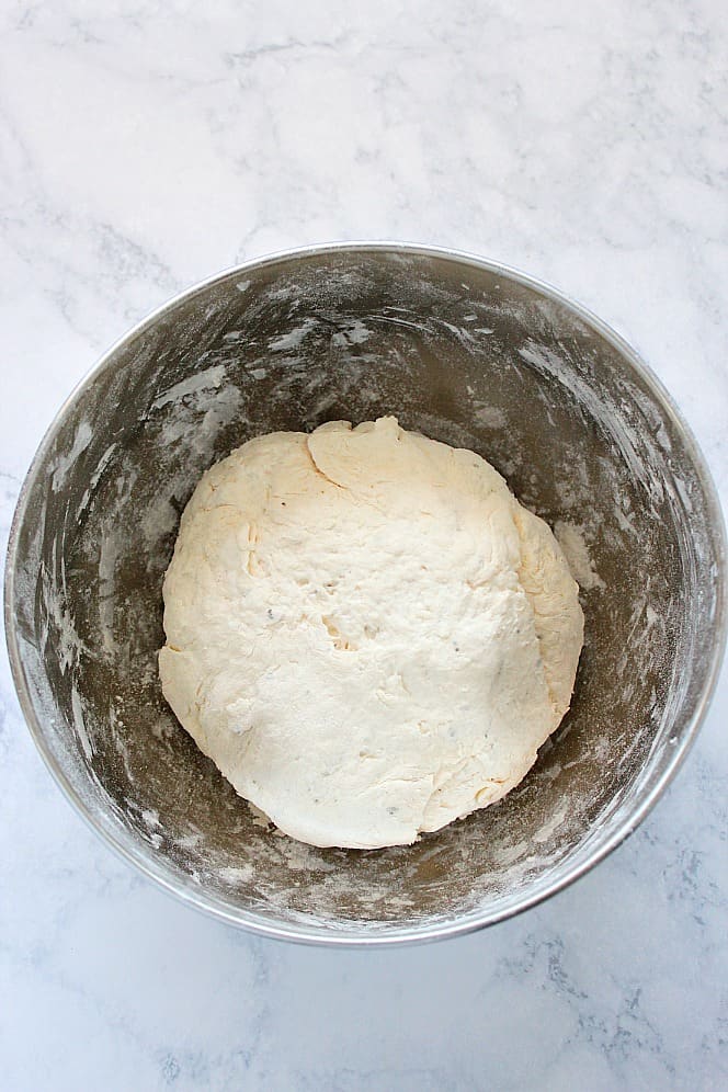 no-yeast pizza dough in mixing bowl