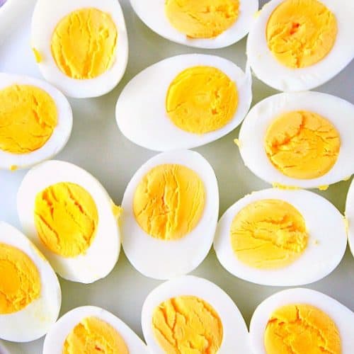 Instant Pot Hard-Boiled Eggs on a white plate.