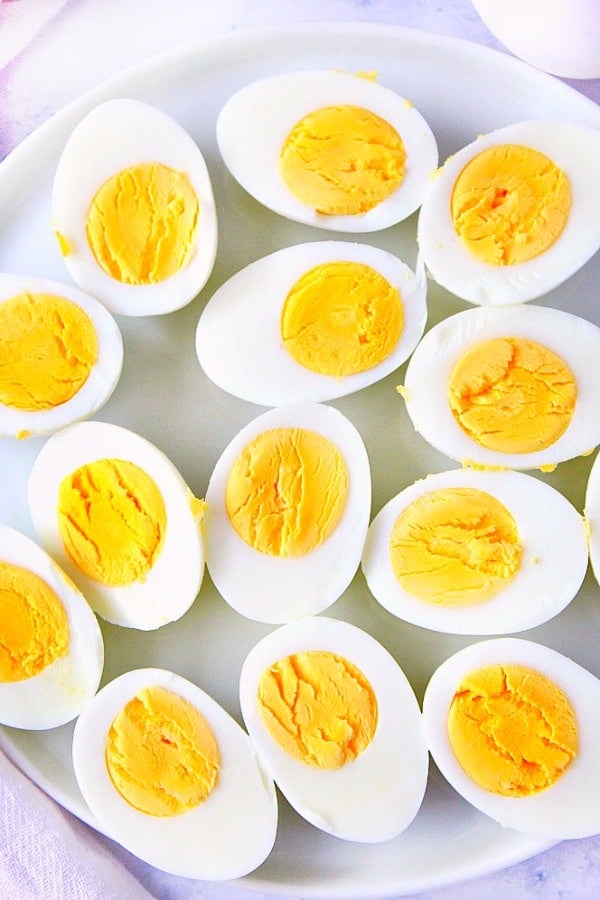 Instant Pot Hard-Boiled Eggs on a white plate.