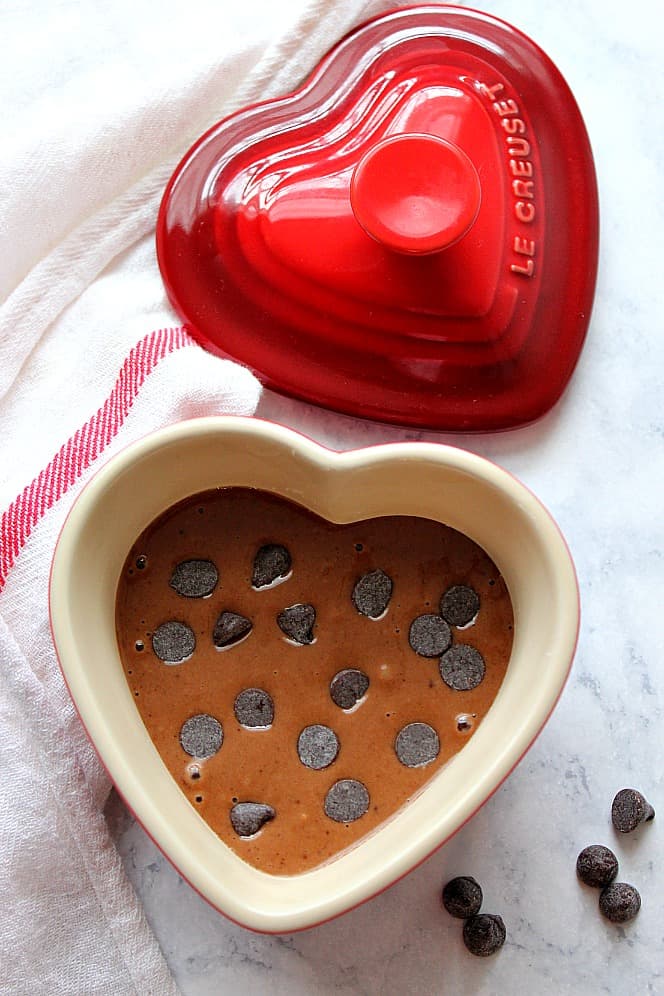 heart shaped ramekin with chocolate cake batter