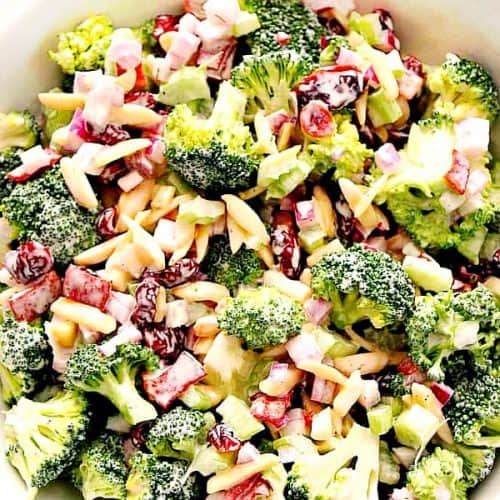 Easy Broccoli Salad in a white bowl.