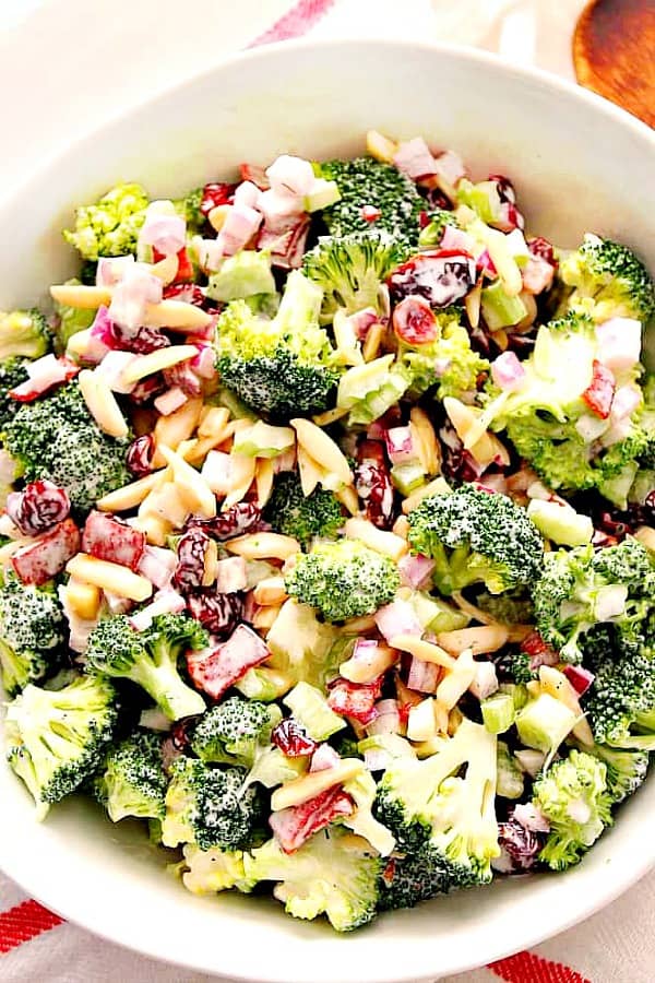 Easy Broccoli Salad in a white bowl.