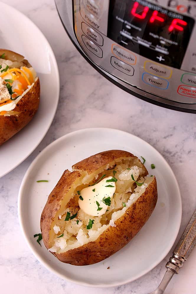 baked potato on plate cooked in Instant Pot