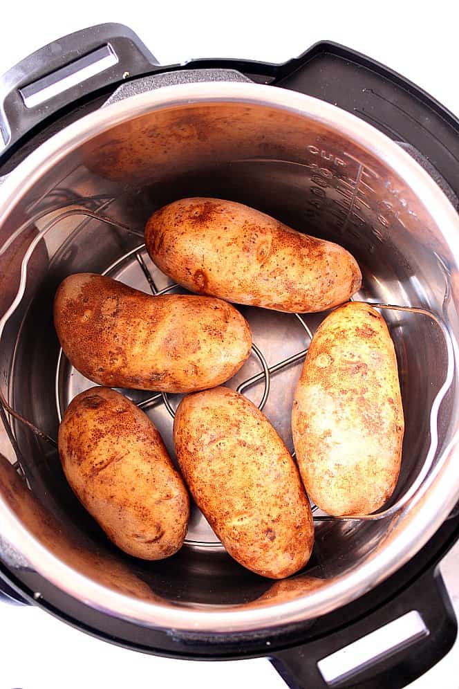 Overhead shot of Russet potatoes with skin on, in Instant Pot.