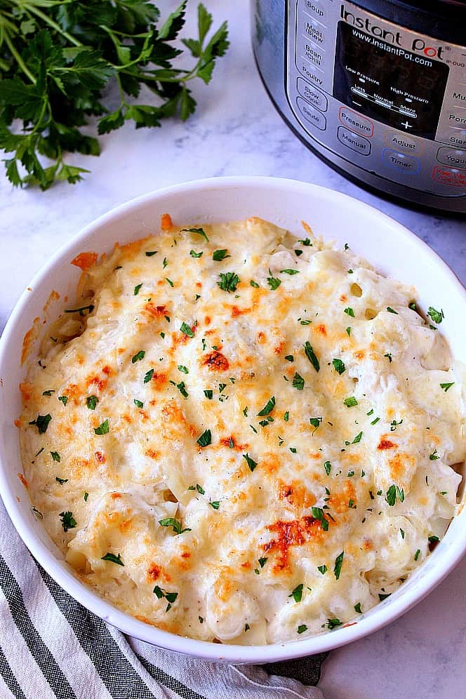 Instant Pot Scalloped Potatoes in a baking dish.