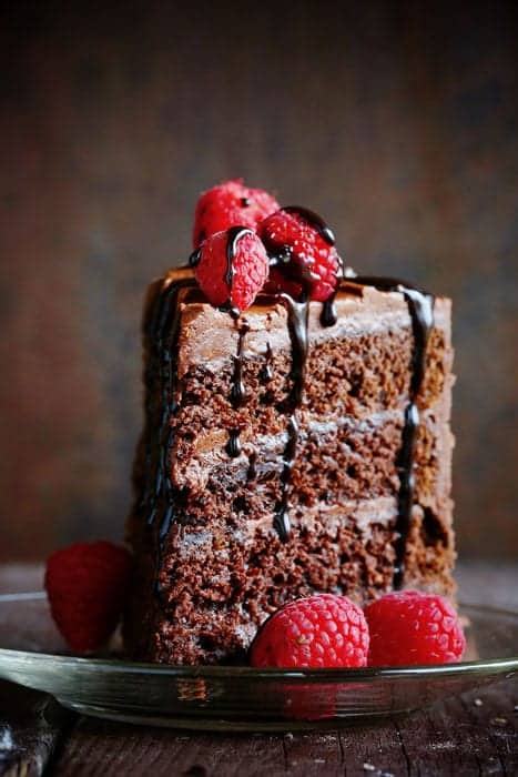 chocolate cake slice with raspberries