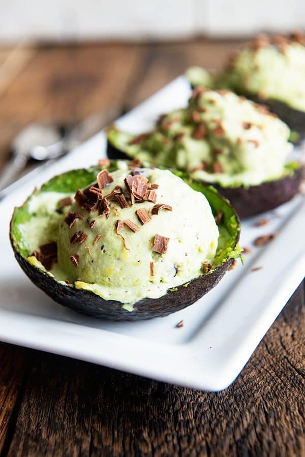 avocado ice cream in avocado skin shells