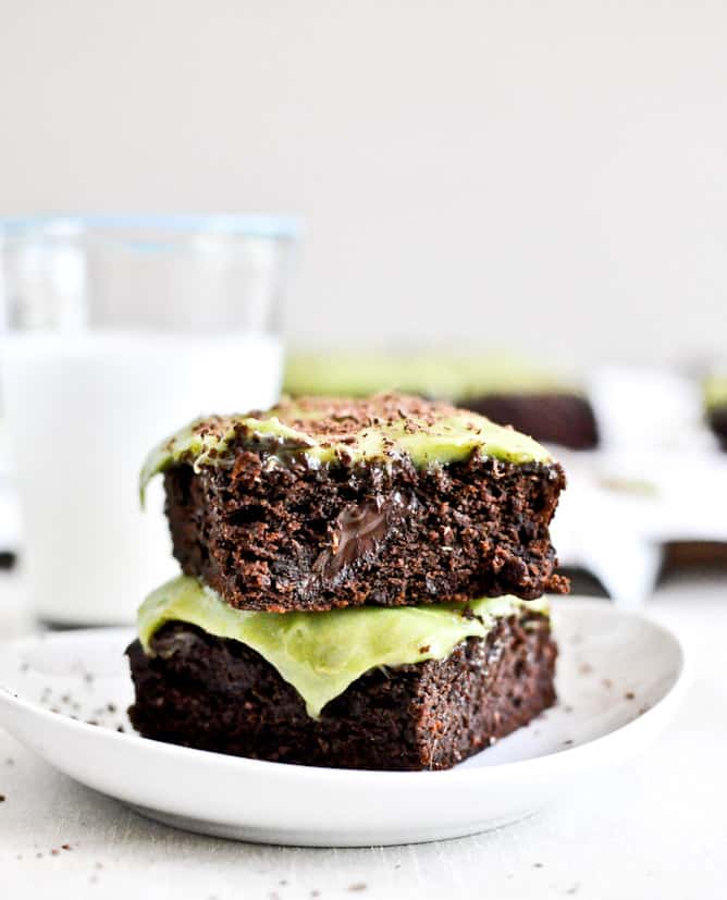 avocado frosted brownies stack on plate
