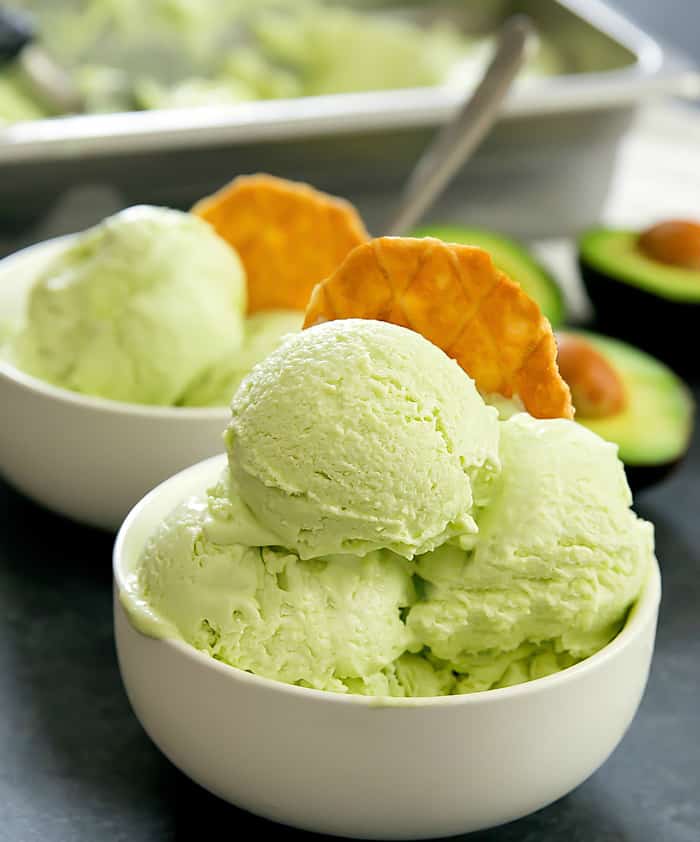 avocado ice cream scoops in bowl