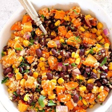 Sweet potato quinoa salad in a white bowl with a fork, on a gray board.