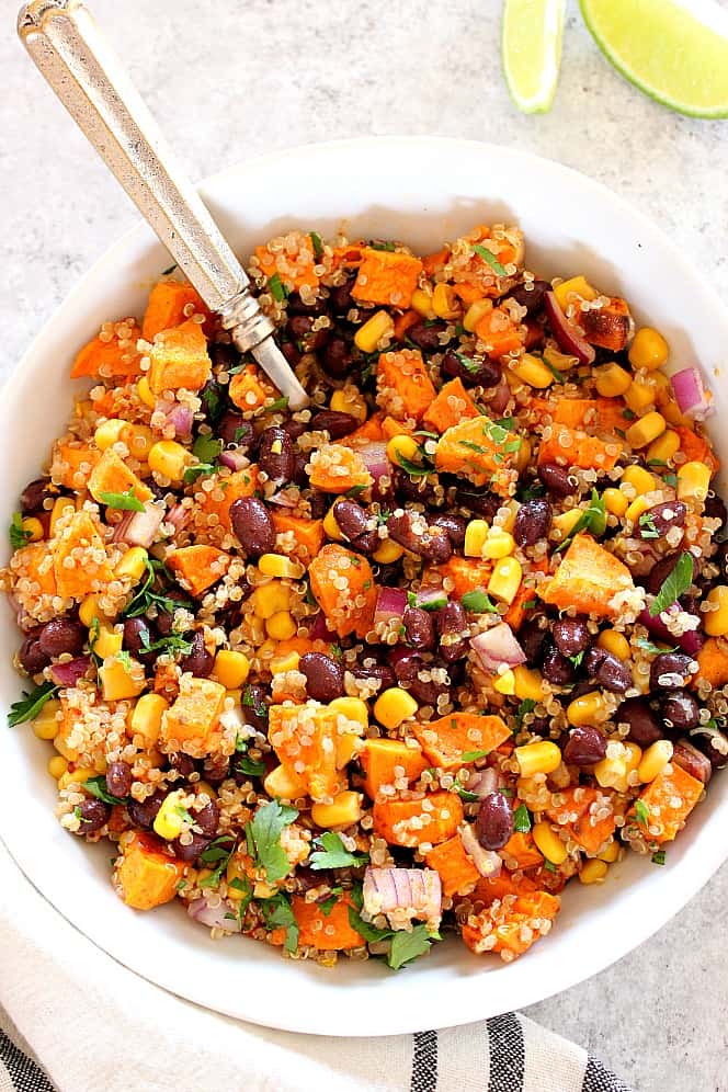 quinoa salad with sweet potatoes in serving bowl