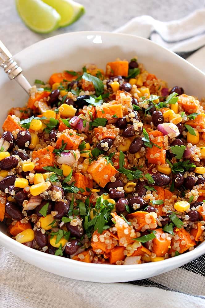 roasted sweet potato salad in a bowl