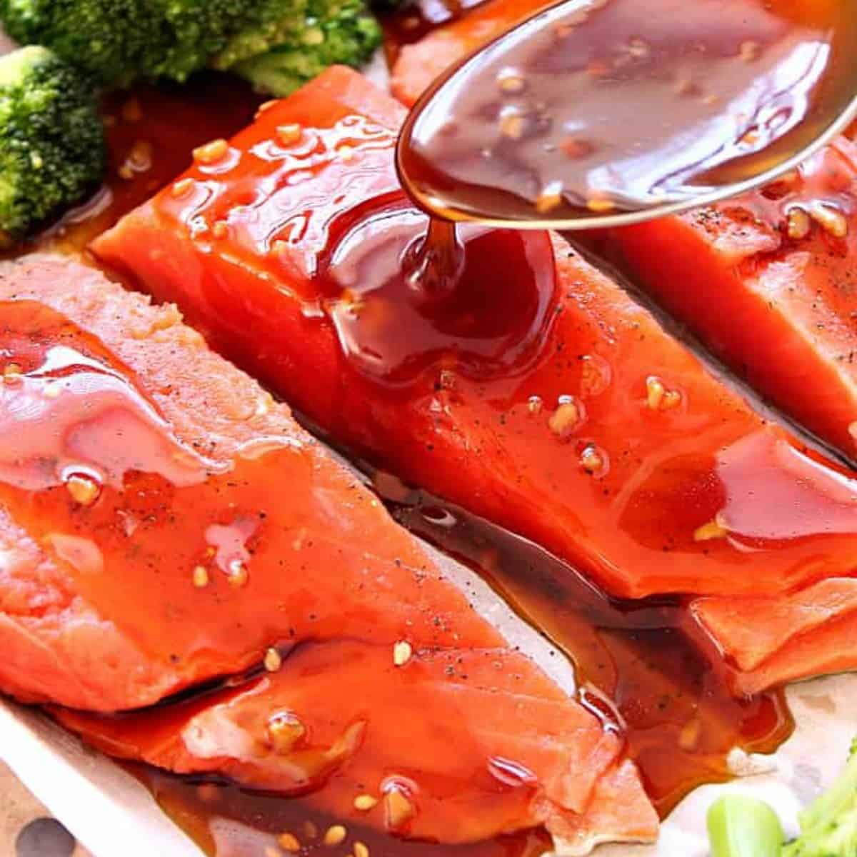 Raw salmon with teriyaki sauce.