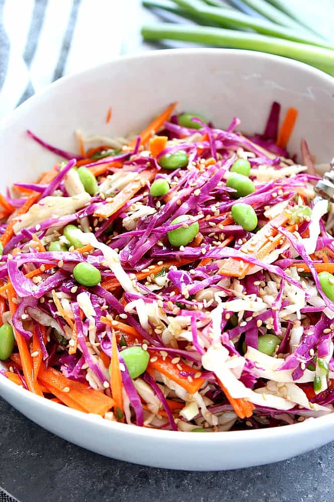 Close up of Asian Slaw in a white bowl. 
