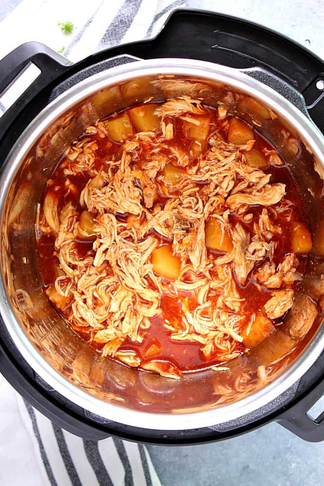 Pulled BBQ chicken with pineapple in Instant Pot digital pressure cooker. 