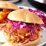 Instant Pot Hawaiian BBQ Chicken sandwiches on white plate with coleslaw.