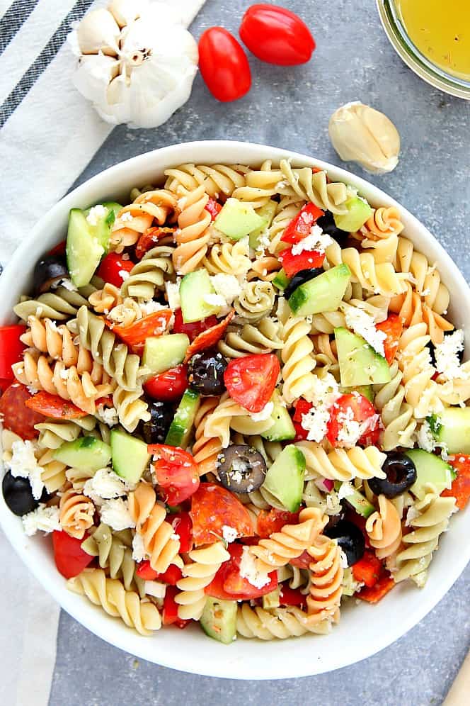 Overhead shot of Italian Pepperoni Pasta Salad.