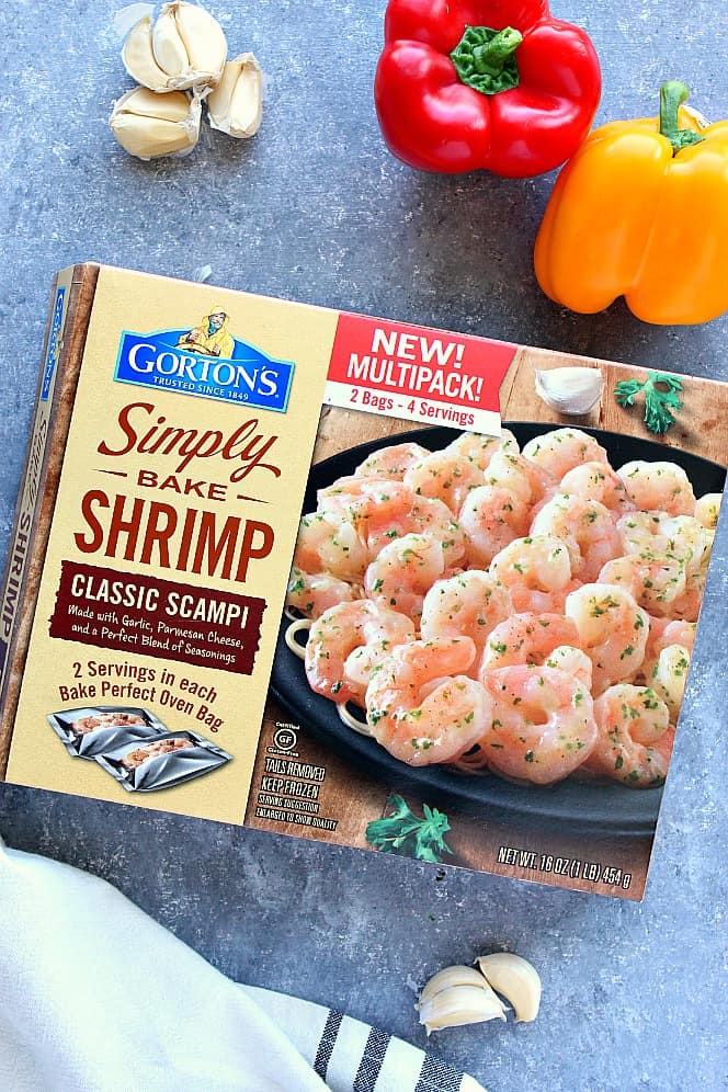 Gorton's Simply Bake Shrimp Classic Scampi on background with bell peppers and fresh garlic. 