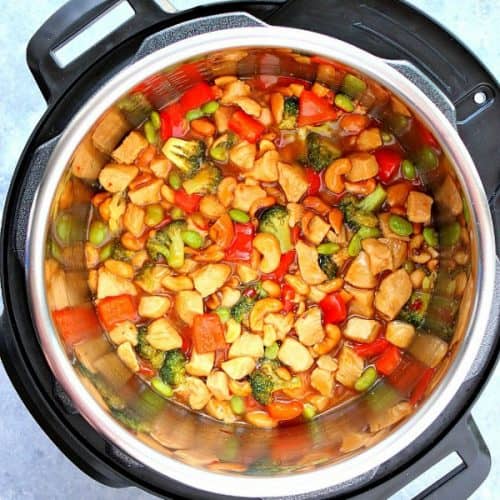 Instant Pot cashew chicken in the pressure cooker.