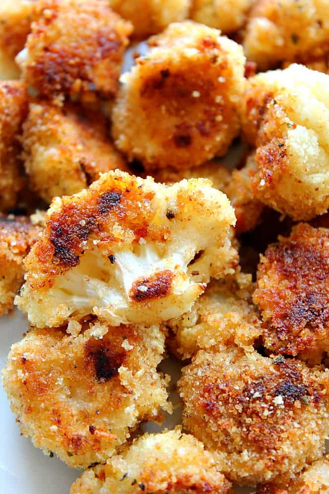 Closeup shot of breaded roasted cauliflower bites. 