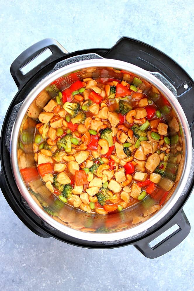 Overhead shot of Instant Pot Cashew Chicken in the pot.