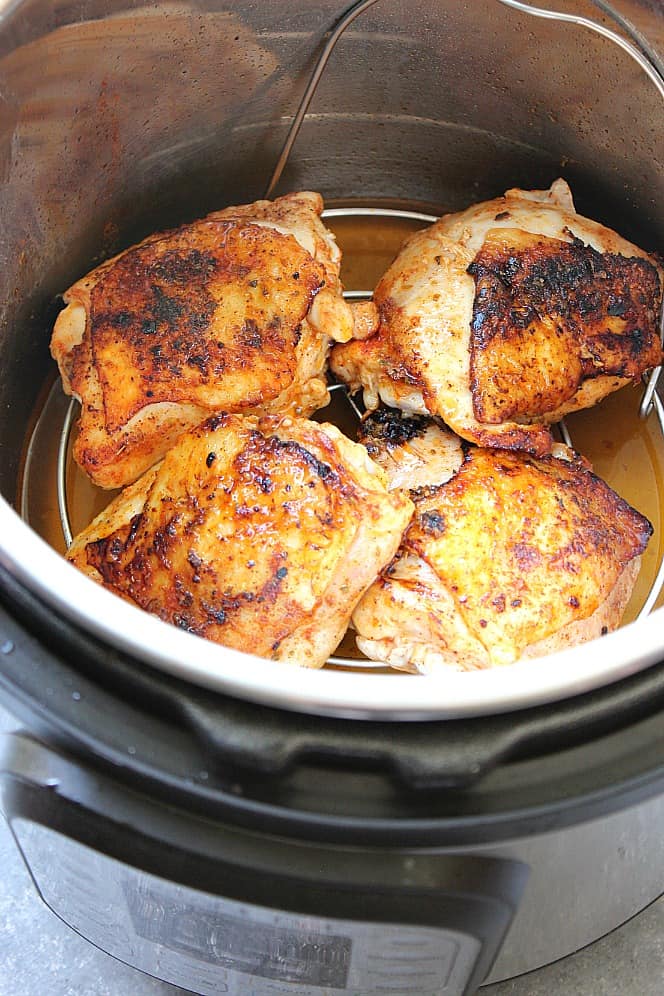 Overhead shot of chicken thighs in Instant Pot.