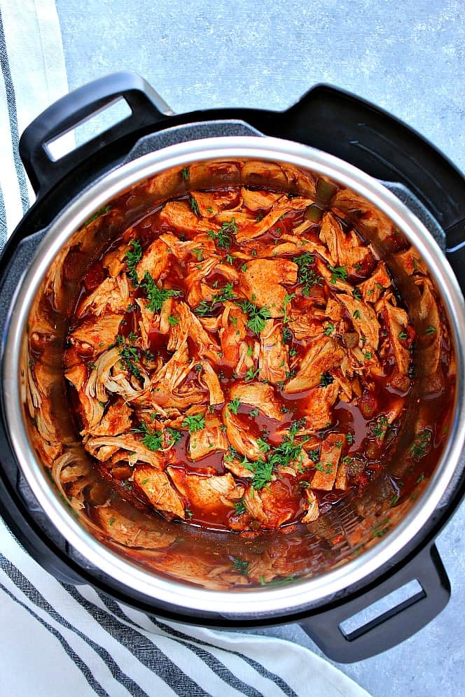 Overhead shot of taco chicken in Instant Pot. 