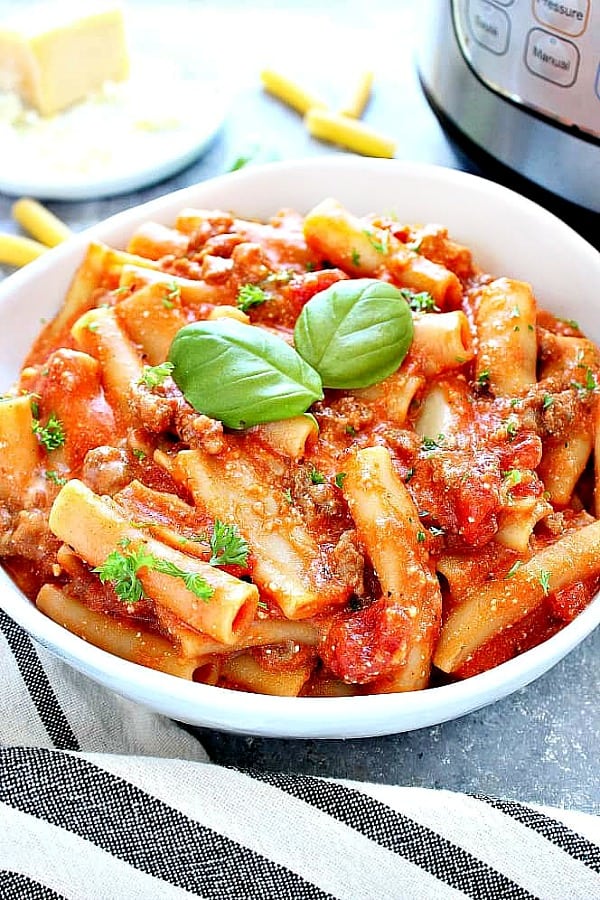 Instant Pot Baked Ziti in a white bowl.