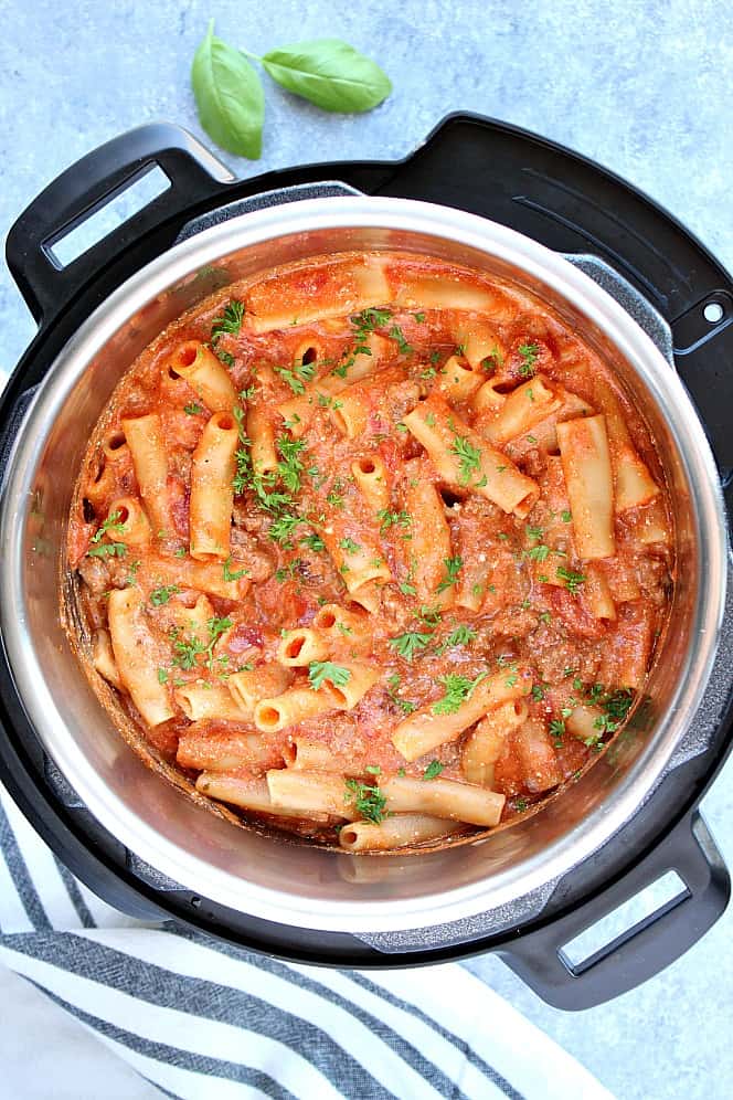 Overhead shot of baked ziti in Instant Pot pressure cooker. 