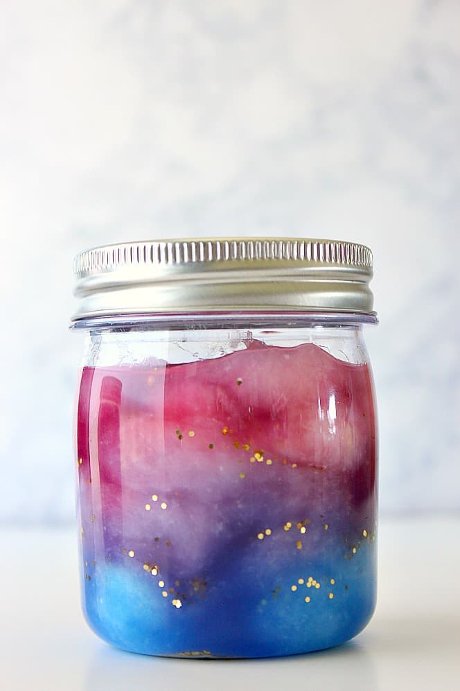 Close up shot of Galaxy in a jar DIY craft decor idea. 