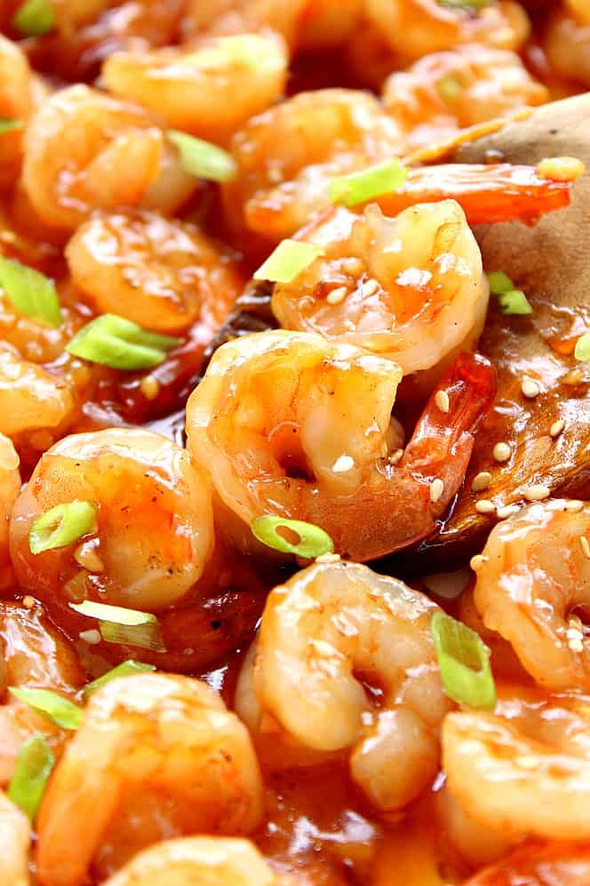 Close up on shrimp cooked with teriyaki sauce. 