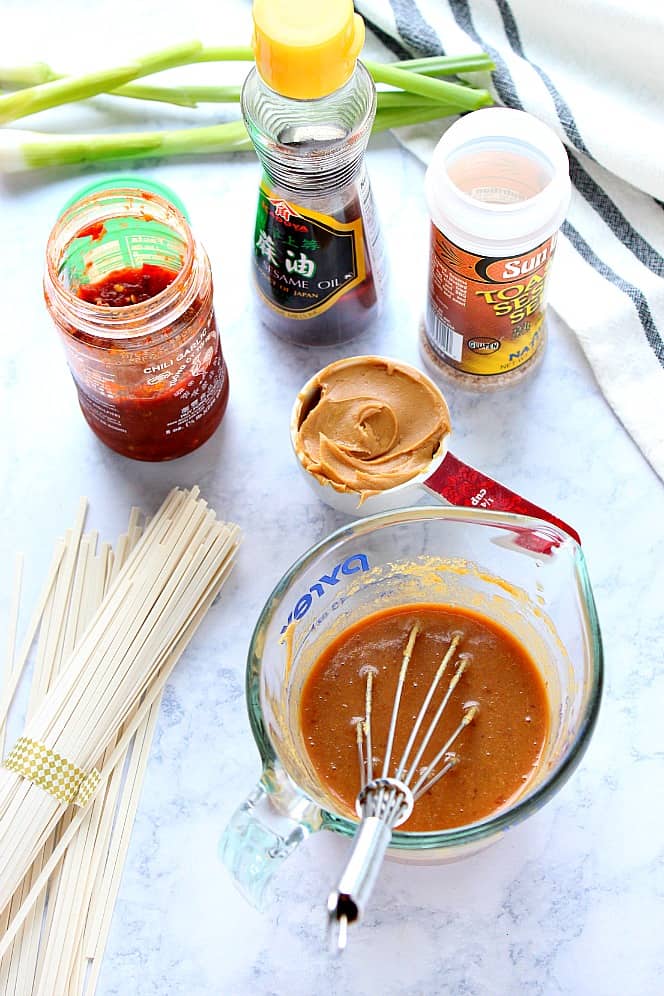 Overhead shot of ingredients for Thai peanut sauce. 