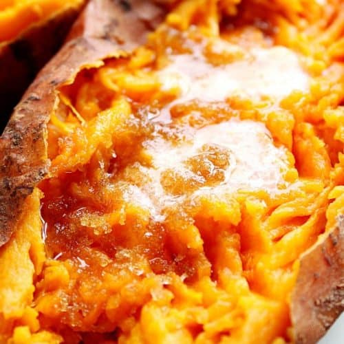 Baked sweet potatoes with brown sugar and melted butter.