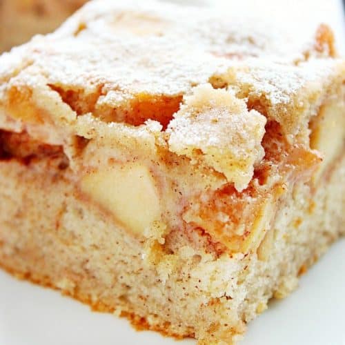 A slice of Cinnamon Apple Cake on white plate.