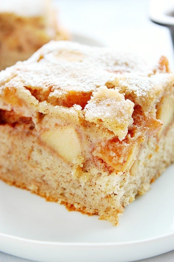 A slice of Cinnamon Apple Cake on white plate.