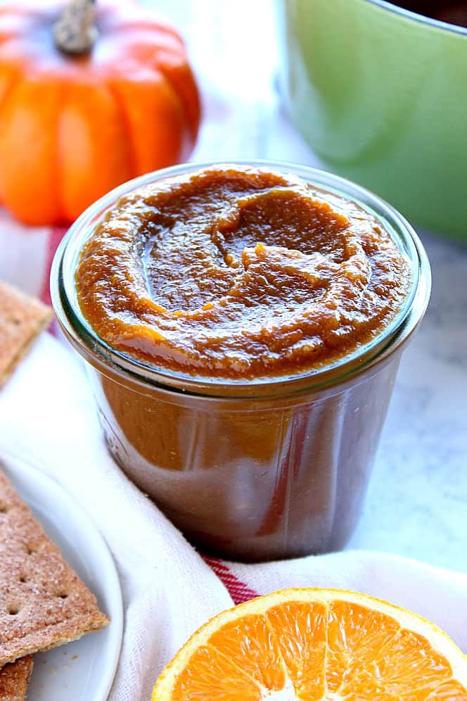 Side shot of pumpkin butter in glass jar. 