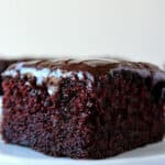 A chocolate cake serving on a white small plate.