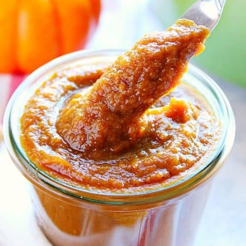 Pumpkin butter in glass jar.