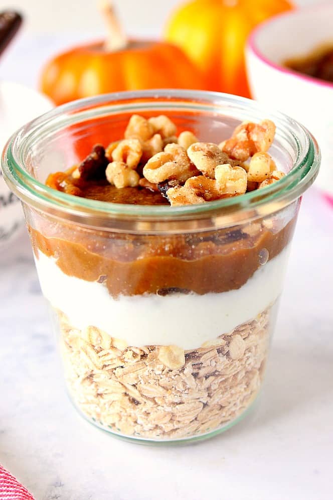 Side shot of Pumpkin Overnight Oats in a glass jar.