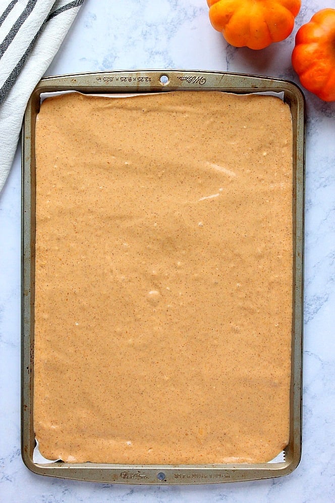 Overhead shot of pancake batter in large sheet pan. 