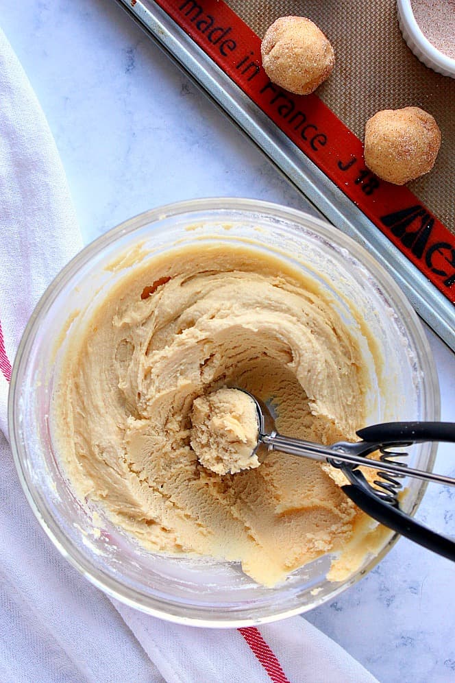 Overhead shot of chilled cookie dough in glass bowl with cookie scoop with dough. 