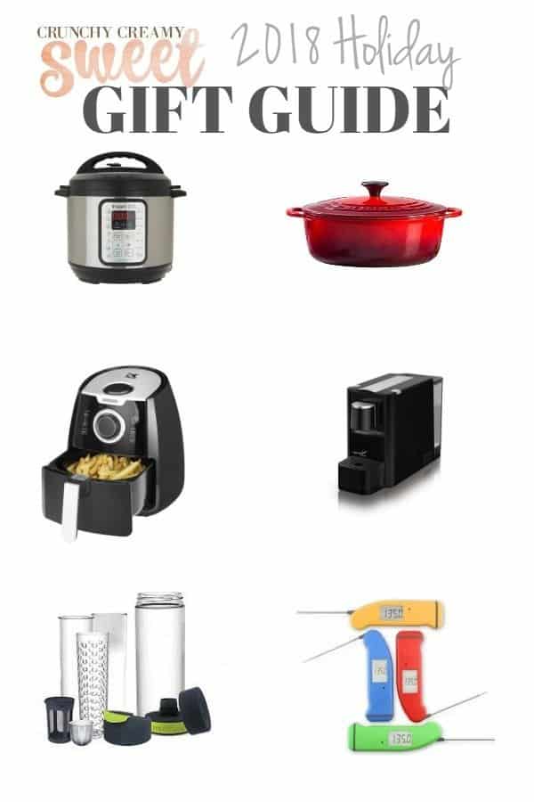 Photo collage for 2018 Holiday Gift Guide with Instant Pot, Le Creuset, air fryer, coffee maker, water bottle and digital thermometer.