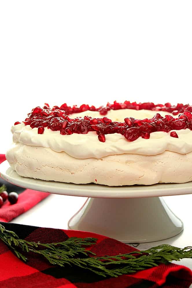 Side shot of Pavlova cake with cranberry sauce on white cake stand and fir branches around it.