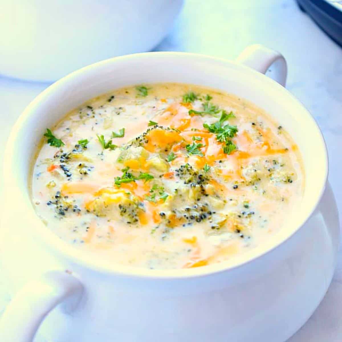 Broccoli cheddar soup in a bowl.