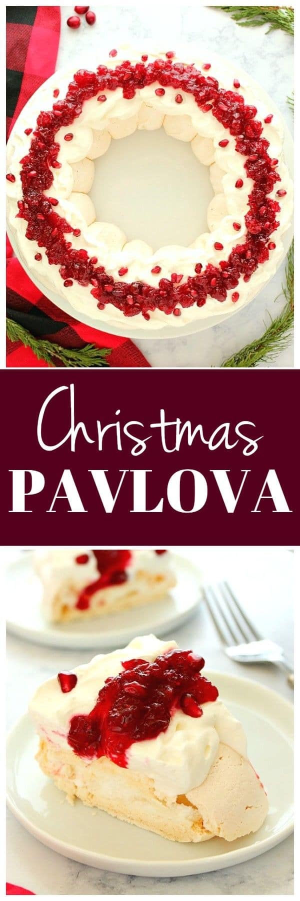 Photo collage for Christmas Pavlova Wreath recipe. 