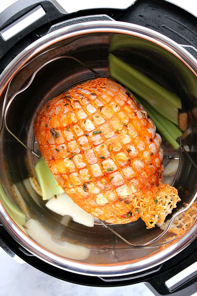 Overhead shot of boneless turkey breast in the Instant Pot.