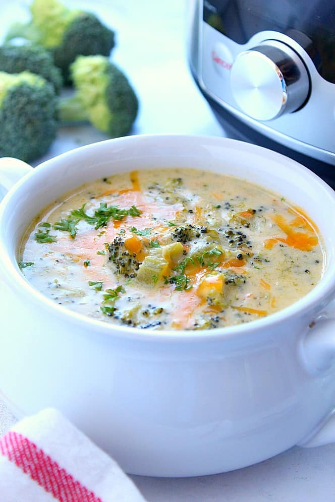 Side shot of the broccoli cheddar soup right next to the Instant Pot. 