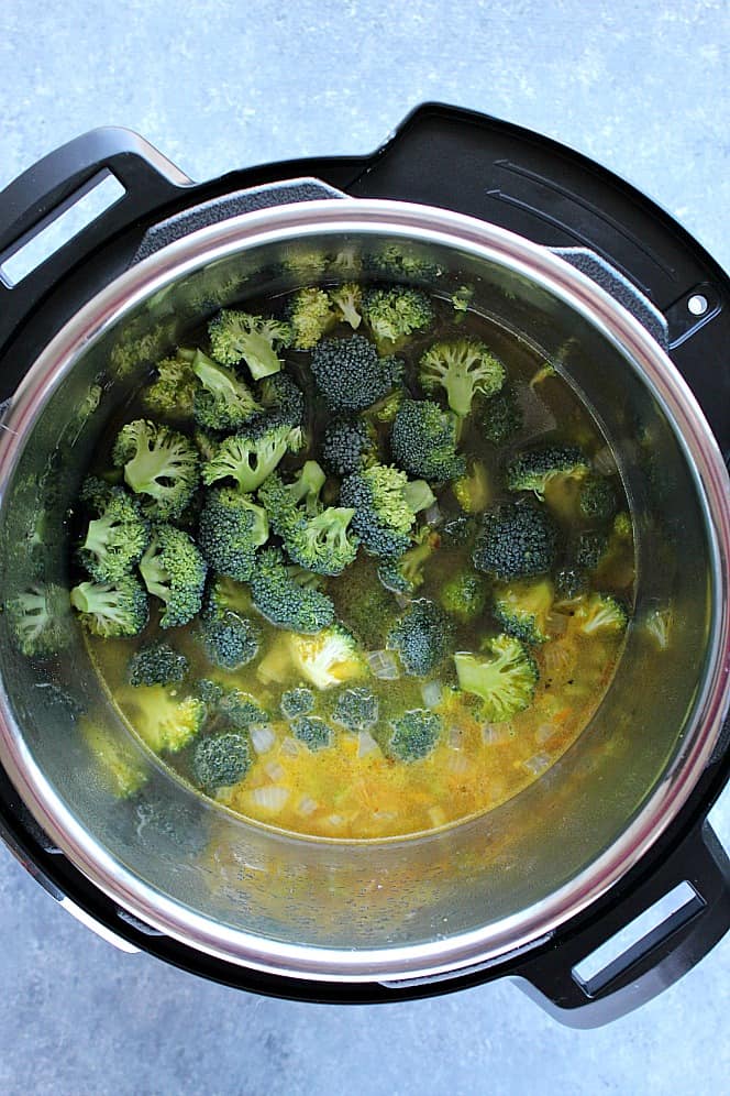 Overhead shot of broccoli and stock in the Instant Pot. 